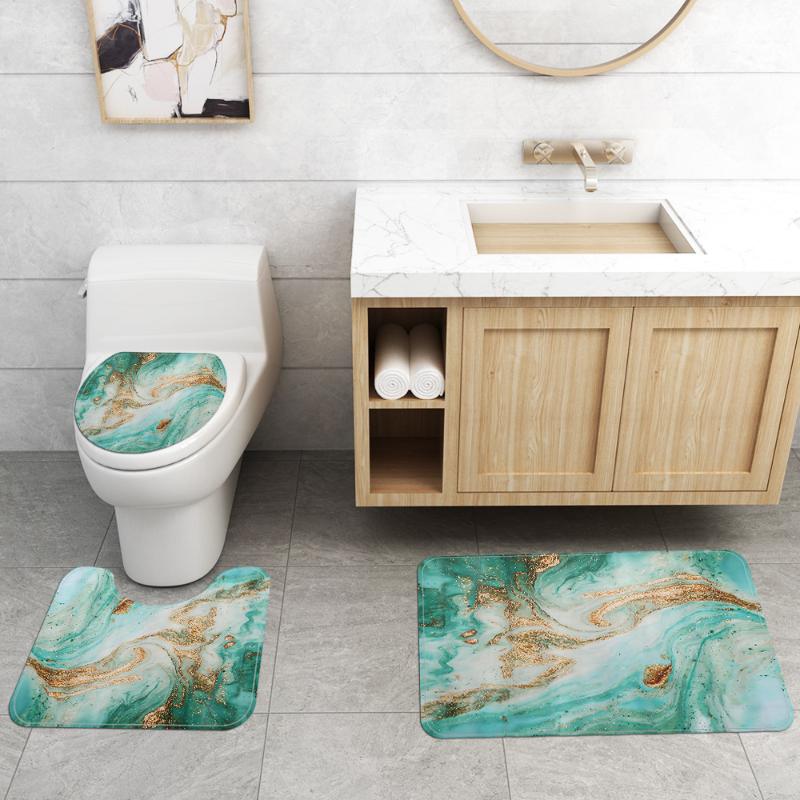 Abstract Bathroom Mat and Shower Curtain Set Home Decoration U-Shaped Toilet Rug Microfiber Toilet Carpet Seat Cover Mat