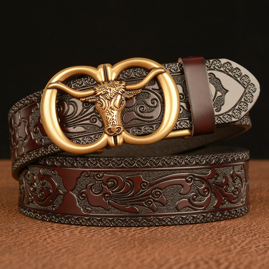 Bull style automatic buckle men's belt leisure fashion Tang grass embossed cattle Zodiac personalized trouser mens designer, Black;brown
Bull style automatic buckle men's belt leisure fashion Tang grass embossed cattle Zodiac personalized trouser mens designer, Black;brown