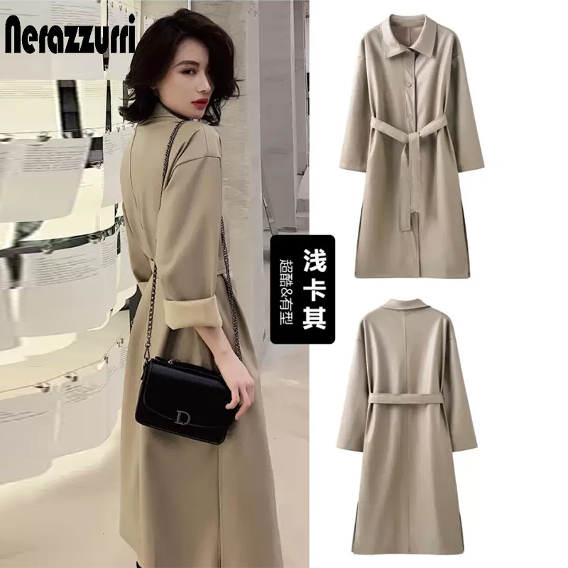 Nerazzurri Autumn long leather trench coat for women long sleeve belt button faux leather raincoat women plus size fashion 201226