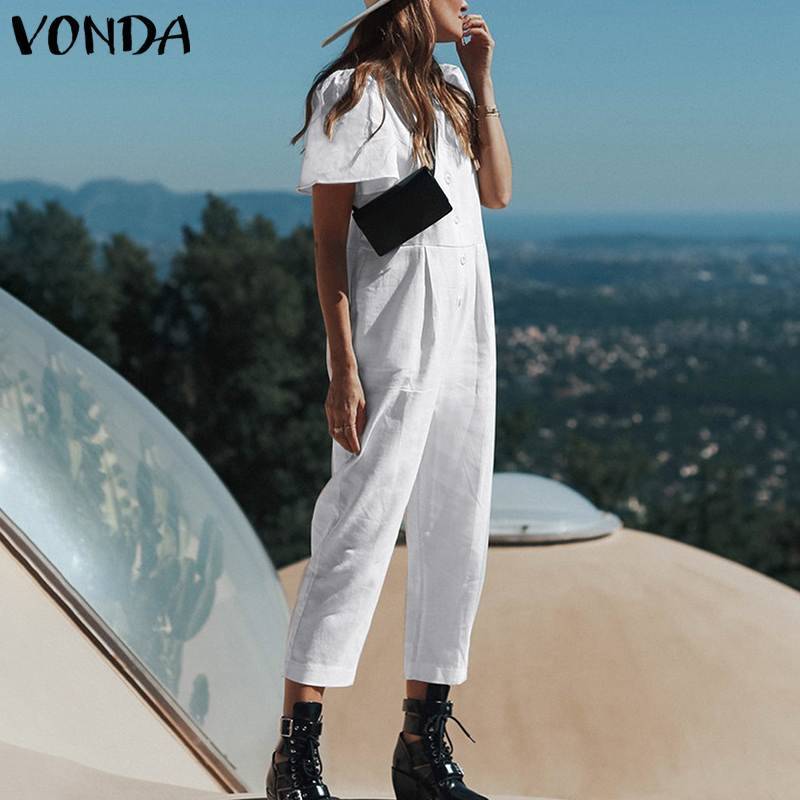 2019 VONDA Women Jumpsuit Summer Romper Sexy Short Sleeve Button Straight Playsuit Casual Cotton Playsuit OL Overalls Plus Size T200303