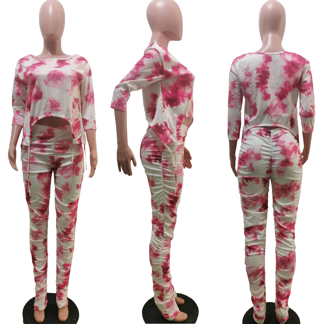 Two-piece fashion women's tie-dye hip-lifting slim-fit pleated micro-flared pants