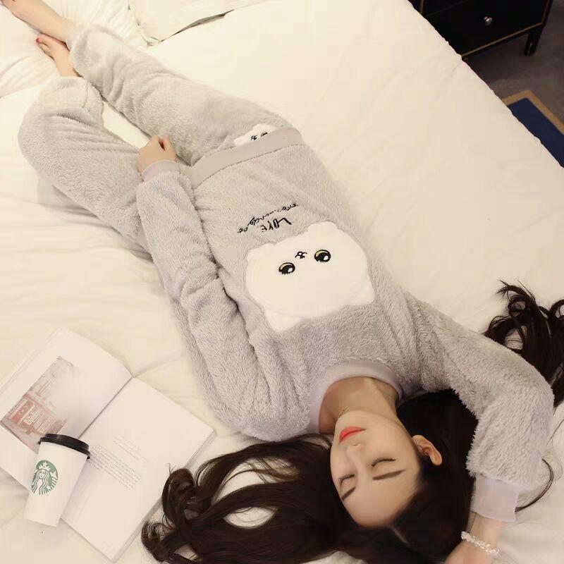 Autumn Winter Warm Flannel Women Pyjamas Sets Thick Coral Velvet Long Sleeve Cartoon Sleepwear Flannel Pajamas Set Girl 201113