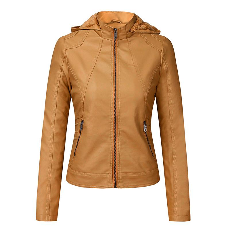 2020 autumn solid cashmere PU leather jacket plus size hooded stand collar slim outwear female casual coats veste en cuir femme