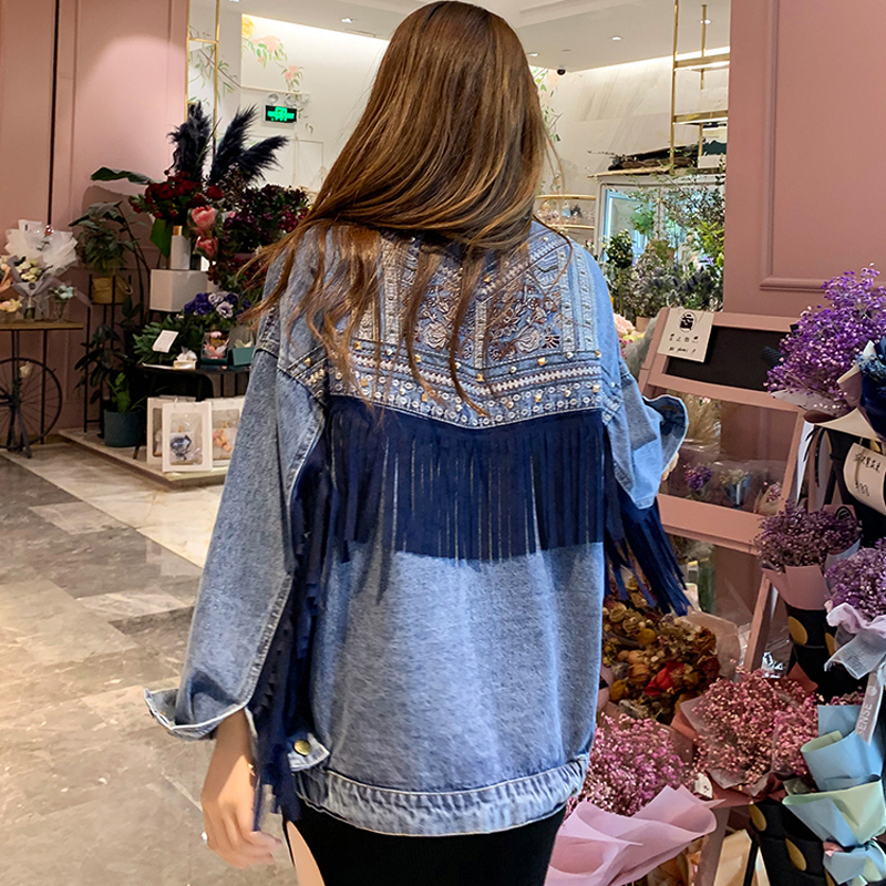 Seiwnibu Punk Boho Tassel Embroidery Denim Jacket Women Blue Loose Rivet Pocket Oversize Moto Biker Female Spring Jean Jacket 201106