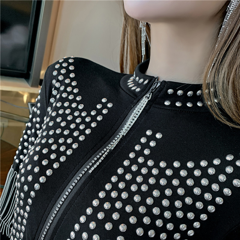 Spring Autumn Sexy Rivet Tassel Coat Womens Fashion Korean Clothes Shiny Zipper Jacket Ropa Mujer Cotton C03201 201112
