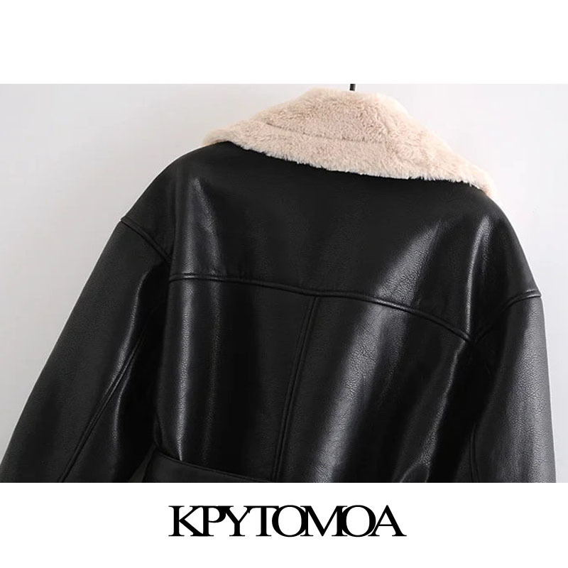 KPYTOMOA Women Fashion With Fur Faux Leather Thick Warm Jacket Coat Vintage Long Sleeve Tied Belt Female Outerwear Chic Top 201112
