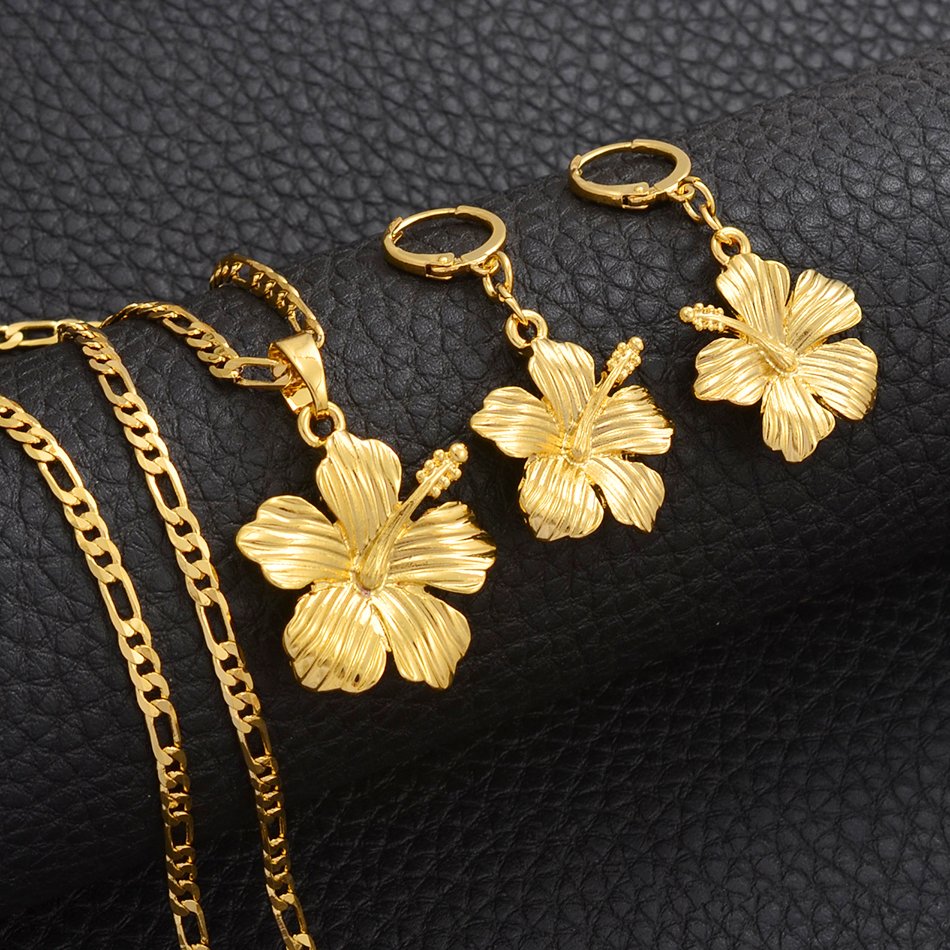 Anniyo Hawaiian Flower Jewelry Sets Pendant Necklaces Earrings Women Girls Gold Color Micronesia Guam Chuuk Kwajalein #213106 201222