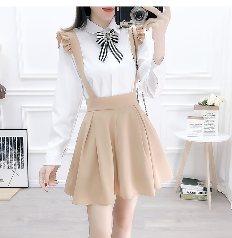 Preppy Style Suspender Skirt Two piece set Women Autumn New White Shirt and Strap Skirt Student Outfits Free Diamond Bow T200325