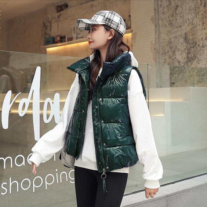 Women's Vest Autumn Winter Clothing New Stand Collar Thick Loose Bright Surface Coat 201102