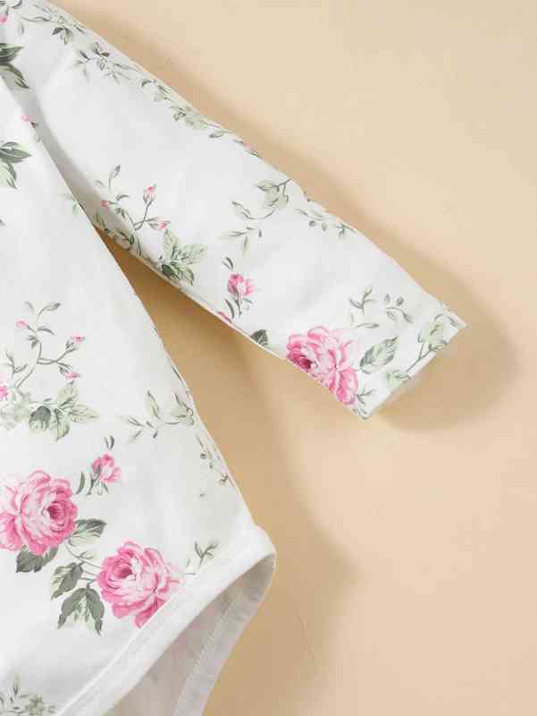 Baby Floral Print Ruffle Trim Bodysuit & Cable Textured Pants SHE