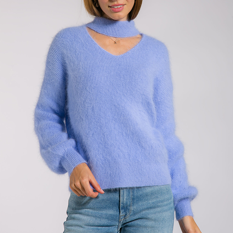 MEIYANGYOUNG Turtleneck Sweater Women Blue Winter Clothes Hollow Out Knitted Sweaters Casual Soft Fluffy Pullovers Jumpers 201109