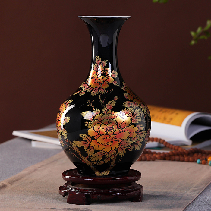 New Chinese Style Vase Jingdezhen Black Porcelain Crystal Glaze Flower Vase Home Decor Handmade Shining Famille Rose Vases LJ201208