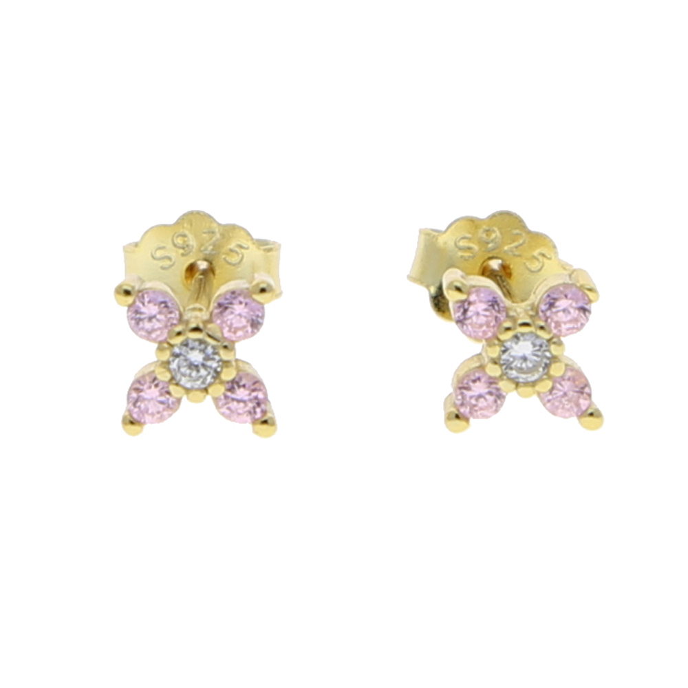 Real 925 sterling silver mini butterfly stud earring with pink white cz paved gold color tiny animals wedding stud earring bulk