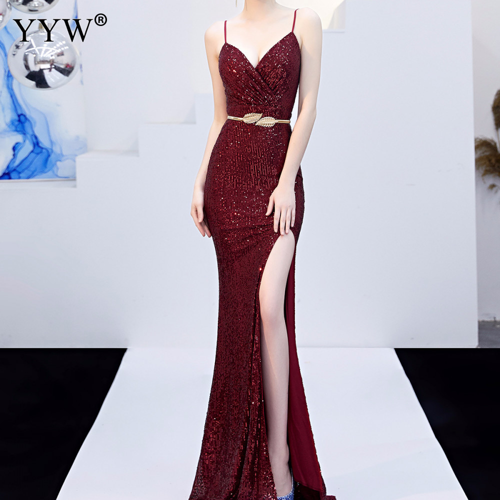 Sexy Sequined Evening Dress Robe De Soiree VNeck Sleeveless Backless Mermaid Long Robe Side Slit Off Shoulder Party Dress 201114
