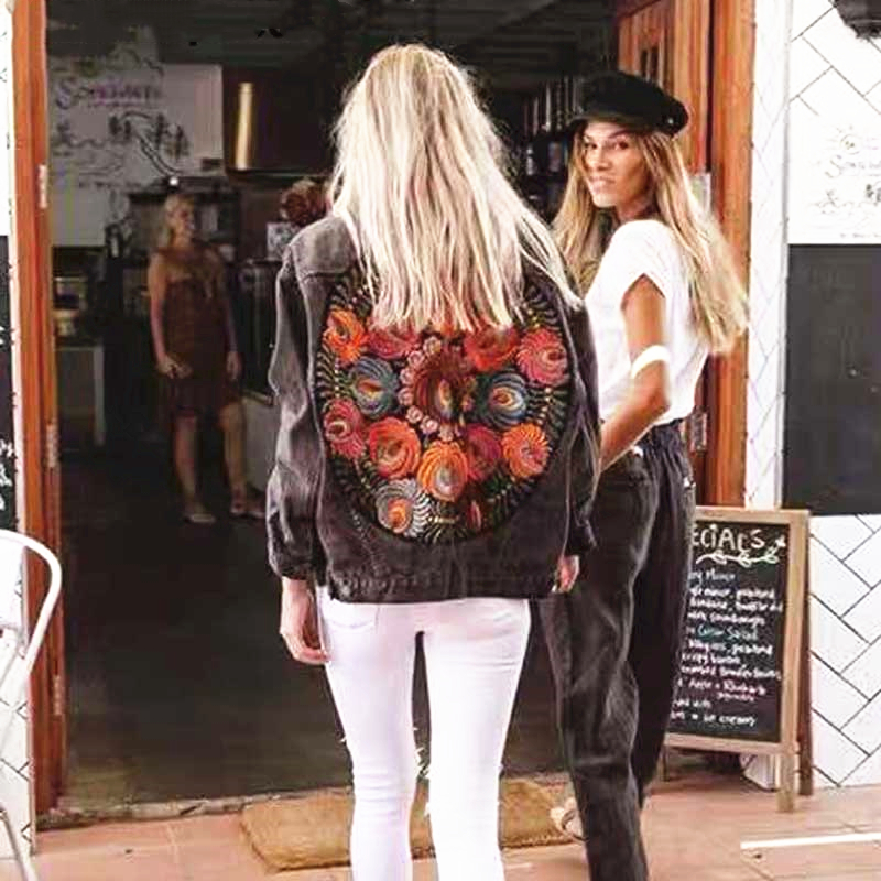 YI Boho Oversized multi floral Embroidered Denim Jacket outwear bohemian casual chic jacket coat women winter 201017