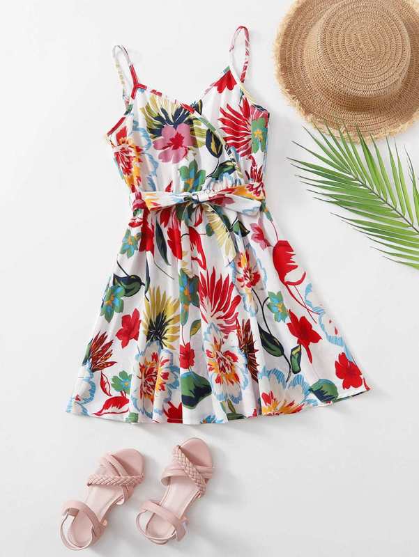 Girls Floral Print Belted Cami Dress SHE01