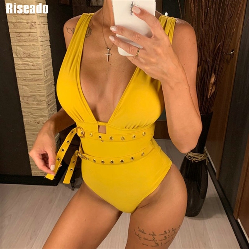 

Riseado Sexy Plunging One Piece Swimsuits 2020 Belted Swimwear Female One-piece Yellow Backless Bathing Suits Women Swim Suit Y200824