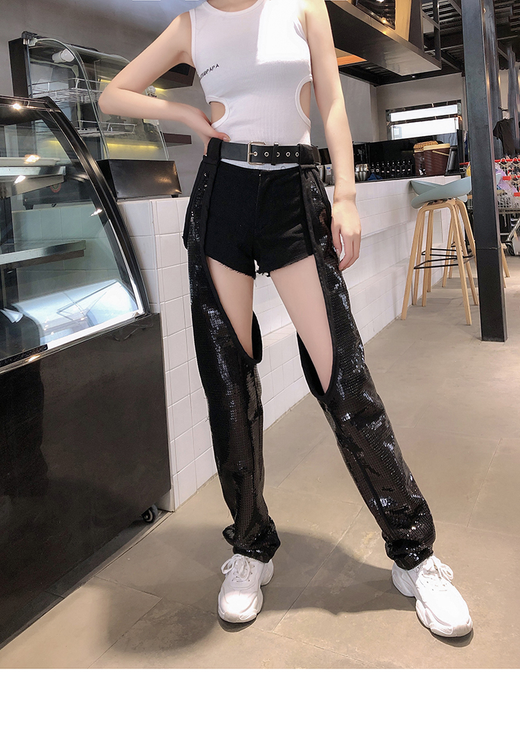 Women Streetwear Cargo Jogger Patchwork High Waist Belt Denim Short Hollow Sexy Sequin Pant Punk Hip Hop Ballroom Black Harem T200422