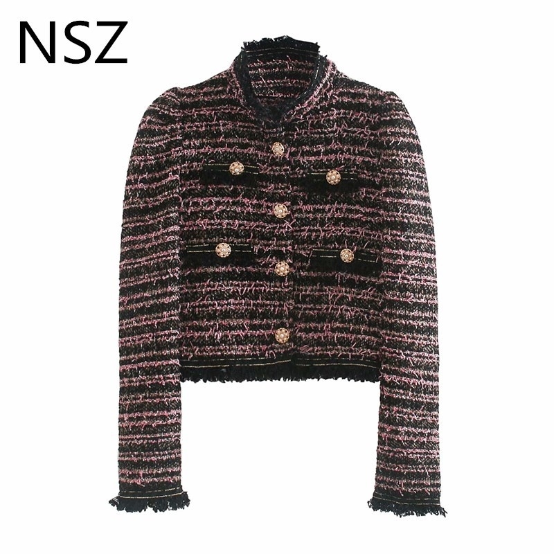 NSZ women houndstooth tweed cropped jacket long sleeve tassel plaid short coat pearl button contrast color motorcycle jacket 201017