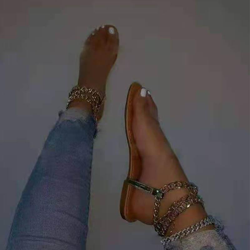 New Women's Flat Sandals 2021 Summer Open Toe Chain Women's Shoes Fashion Open Toe Slippers Beach Shoes Sandals Outdoor Slides