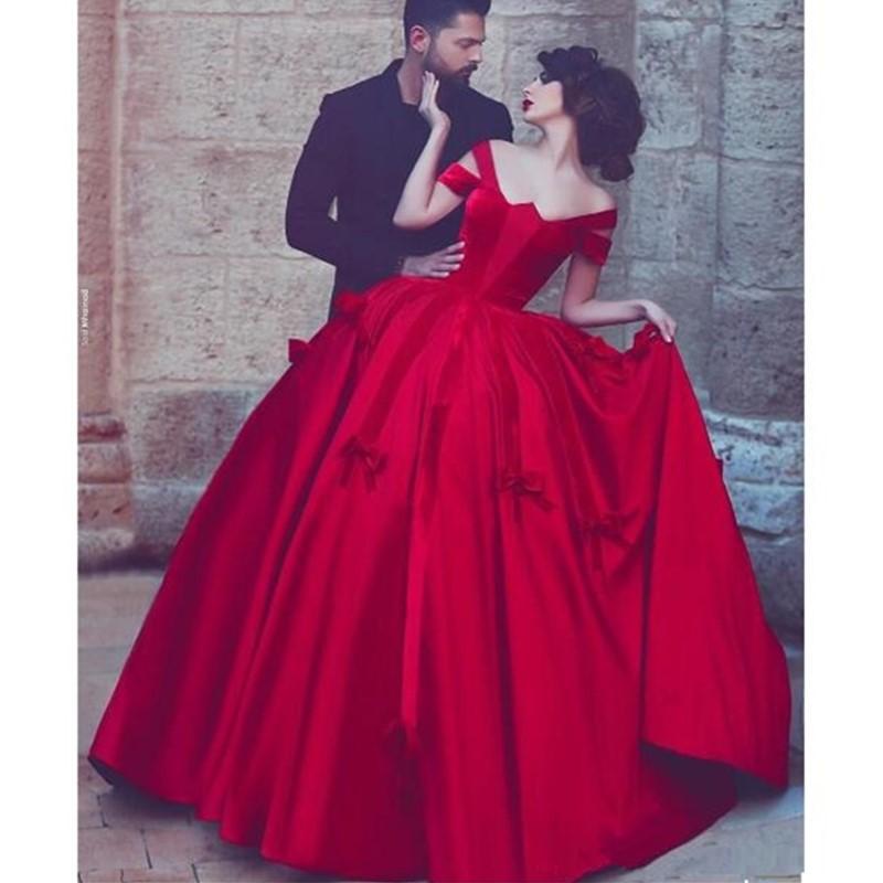 Setwell Off Shoulder A-line Prom Dresses Sleeveless Velvet Satin Floor Length Red Bow Evening Party Gowns