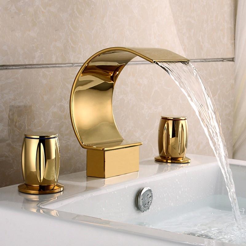 Luxury Gold Brass bathroom sink faucet Waterfall basin faucet Good Quality cold hot water three holes two handle bath
Luxury Gold Brass bathroom sink faucet Waterfall basin faucet Good Quality cold hot water three holes two handle bath