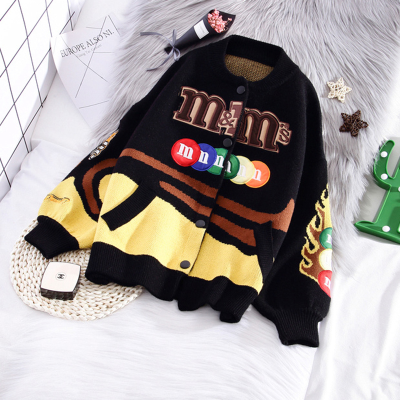 HWLZLTZHT Autumn Woman Jacket Knitted Cardigan Cartoon Harajuku Sweater Women Patchwork Woman Coat Loose Outwear 201026
