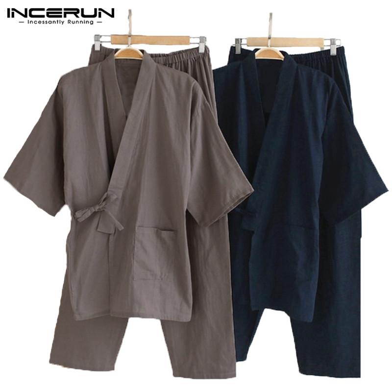 Men's Sleepwear Men Kimono Set Homewear Japanese Style Solid Color Cotton Tops And Pants Pajamas Loose Casual Comfy L-5XL
