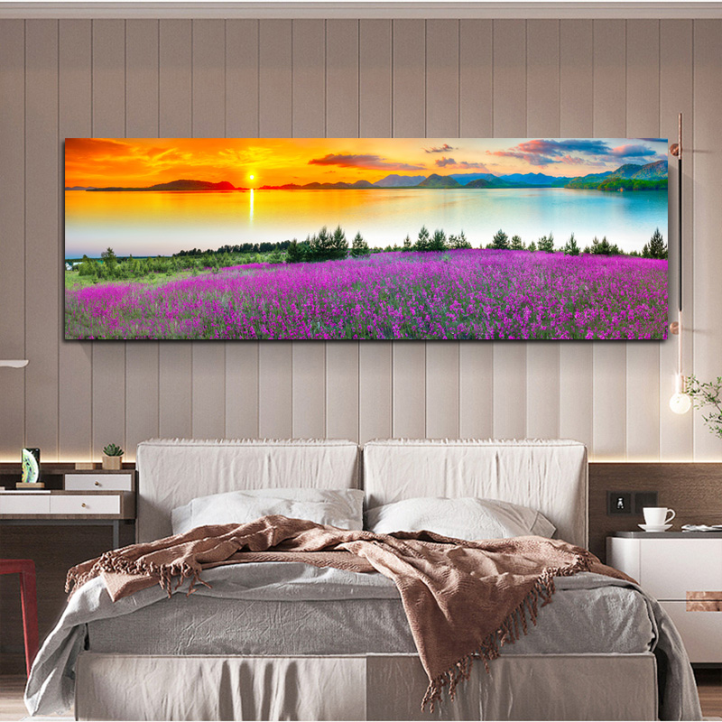 Big Size Canvas Painting Sunset Lake Flowers Nature Landscape Poster and Print Wall Art Picture for Bedroom Home Decor Cuadros