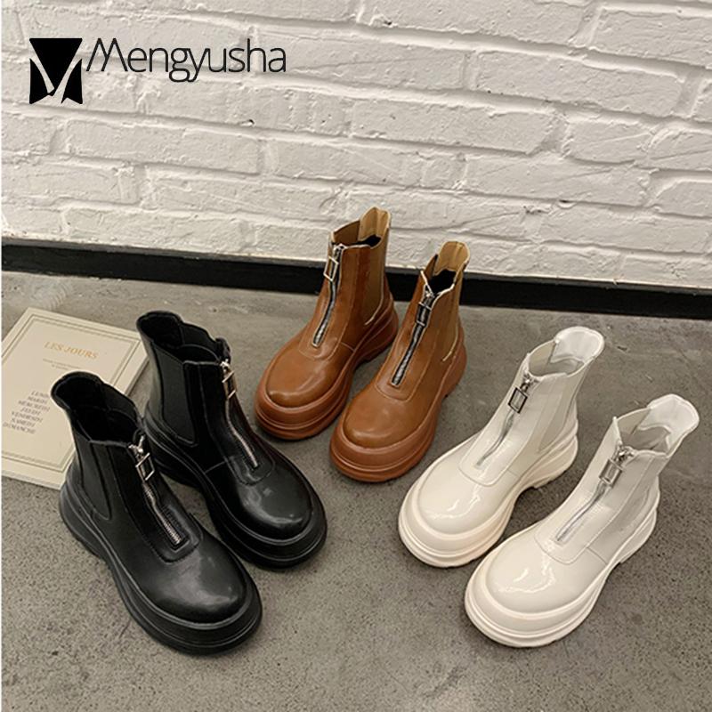 Muffins shine pu platform boots women elastic round toe short botas wedges high heels motorcycle bottes front zipper booties2020