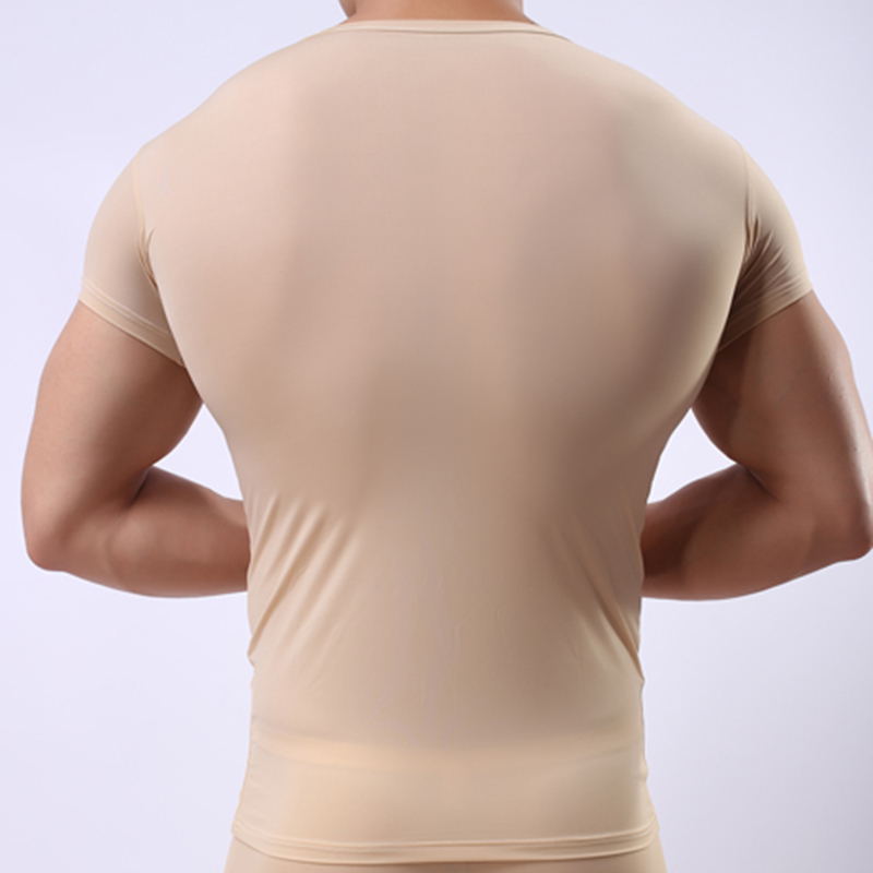 Men's Skinny Undershirt/Man Ice Silk Sheer Short Sleeves Basic Shirts/Gay Mesh Breathable V-neck See Through Underwear 201009