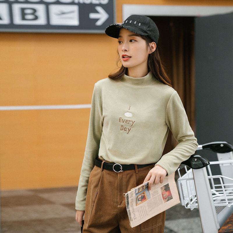 INMAN Half High Neck T-shirt Women's New Winter Arrivals With Suede Embroidered Base Coat Solid Color Long Sleeve Top 201028
