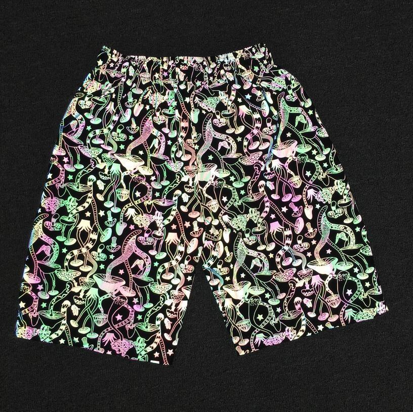 Summer men personality mushrooms hip hop punk reflective shorts women harajuku knee length shorts shiny kawaii short pants T200718