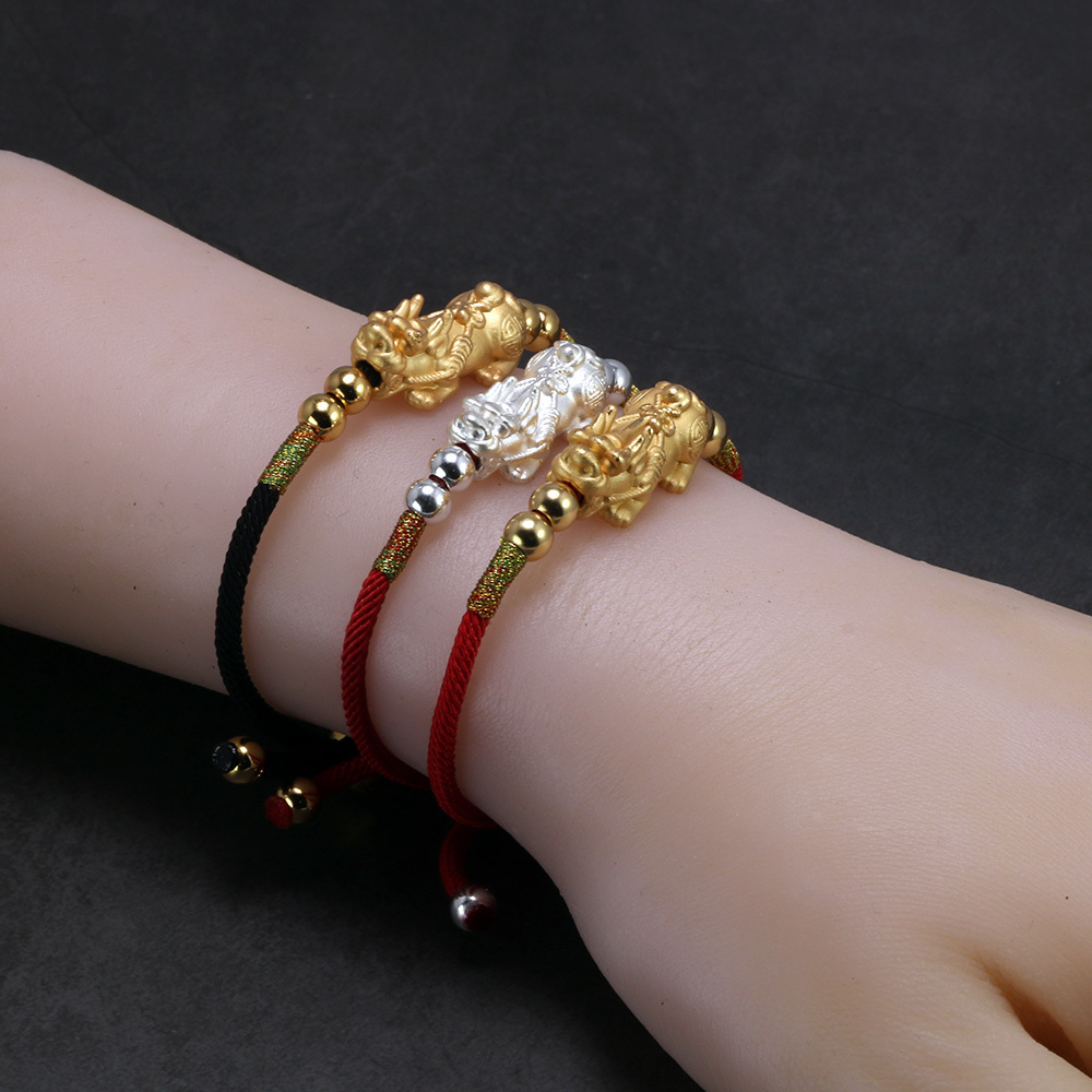 Lucky Red Rope Bracelets 999 Sterling Silver Pixiu Gold Color Tibetan Buddhist Knots Adjustable Charm Bracelet For Women Men Y200107