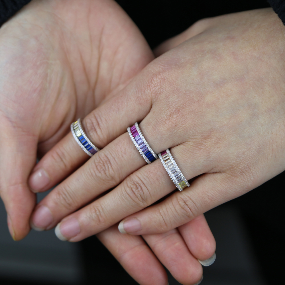 Silver Color Wedding Engagement Band 2024 Spring Summer New Rainbow Baguette CZ Eternity Ring For Women Ladies