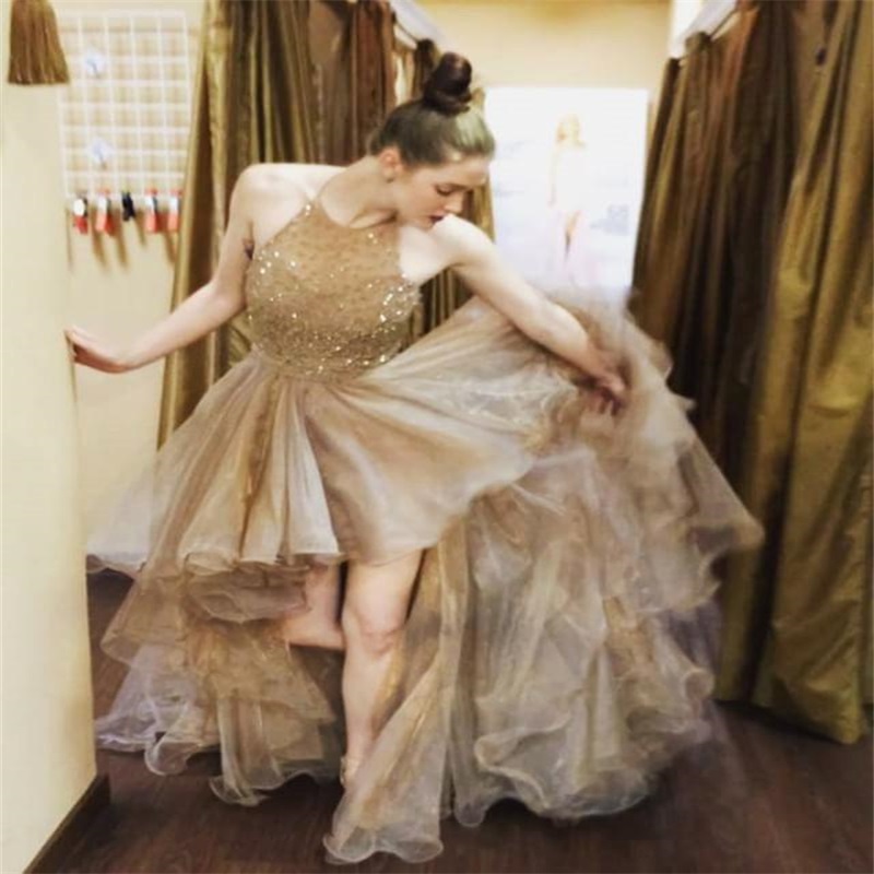 Hi Lo Evening Dresses Gorgeous Ruched Ruffle Tulle Appliqed Lace Bead Formal Party Prom Dresses Sexy Sleeveless Custom Made Bridesmaid Dress