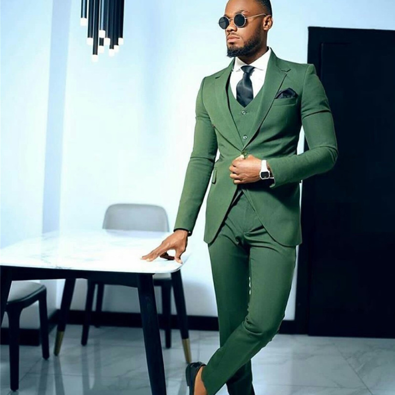 Green Mens Wedding Tuxedos Slim 3 pieces Groomsmen Groom Coat Suits Plus Size Prom Party Blazer Jacket (Jacket+Vest+Pants)