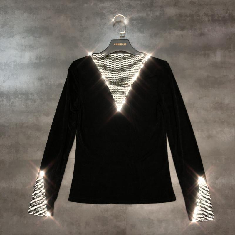 DEAT Spring Long Sleeve Rhinestone V Neck T Shirt High Waist Diamond Shorts With Belt Two Piece Set Women Outfits MH558 T200325