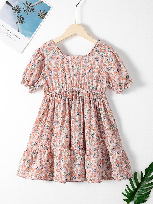 Toddler Girls Ditsy Floral Puff Sleeve Ruffle Hem Dress SHE01