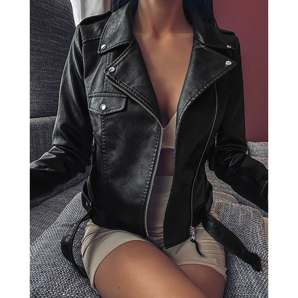 Women Cool Faux Leather Jacket Long Sleeve Zipper Fitted Coat Autumn Fashion Motorcycle Lady Short Jacket Oversized Outerwear40 201019