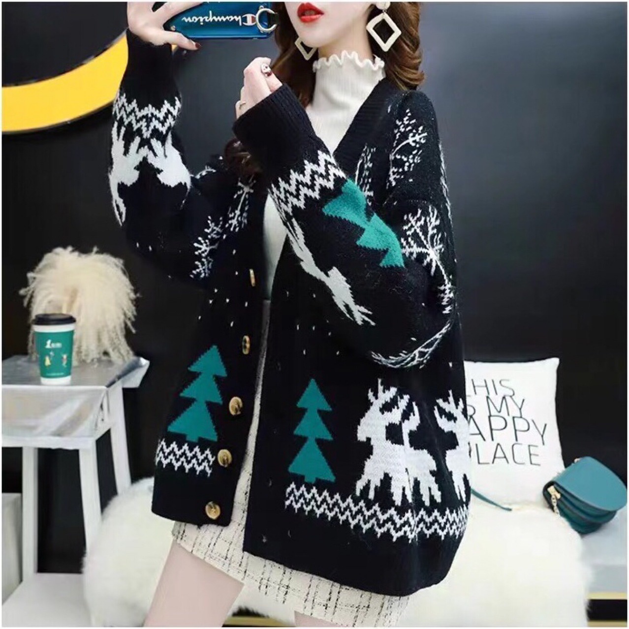 Christmas Women's sweater Scarf Collar Knitted Open Stitch cardigan oversized sweater cropped cardigan winter clothes women 201222