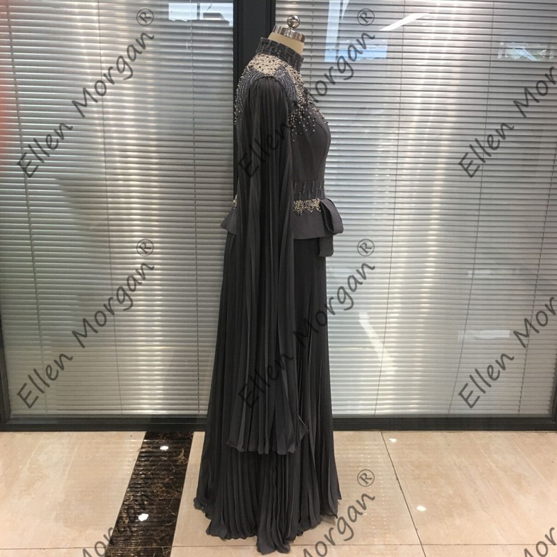 Arabic Muslim Silver Chiffon Long Evening Dresses Engagement Wedding Party Events High Neck Formal Gowns For Women Wear 201114