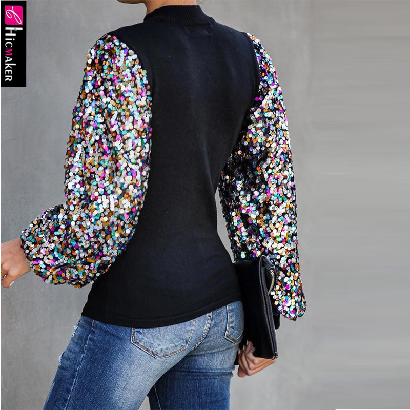 Mock Neck Lantern Sleeve Sequins Colorblock Insert Blouse Women Long Sleeve Shining Sparkly Chic Spring Fall Shirt T200322