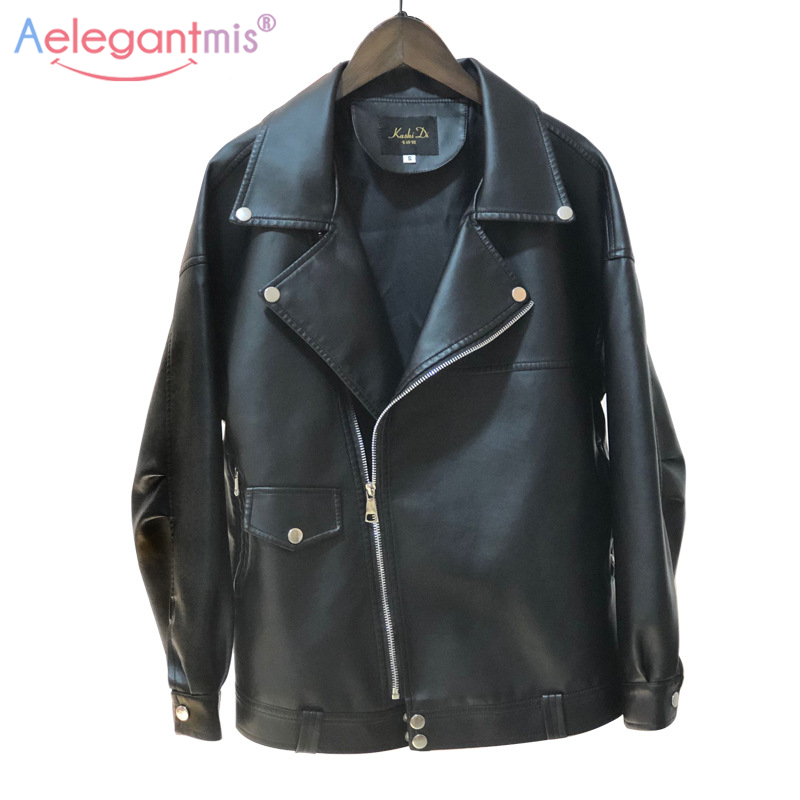 Aelegantmis Fashion Women Loose Motorcycle Faux Leather Jackets Ladies Long Sleeve Autumn Winter Biker Streetwear Coats 201028