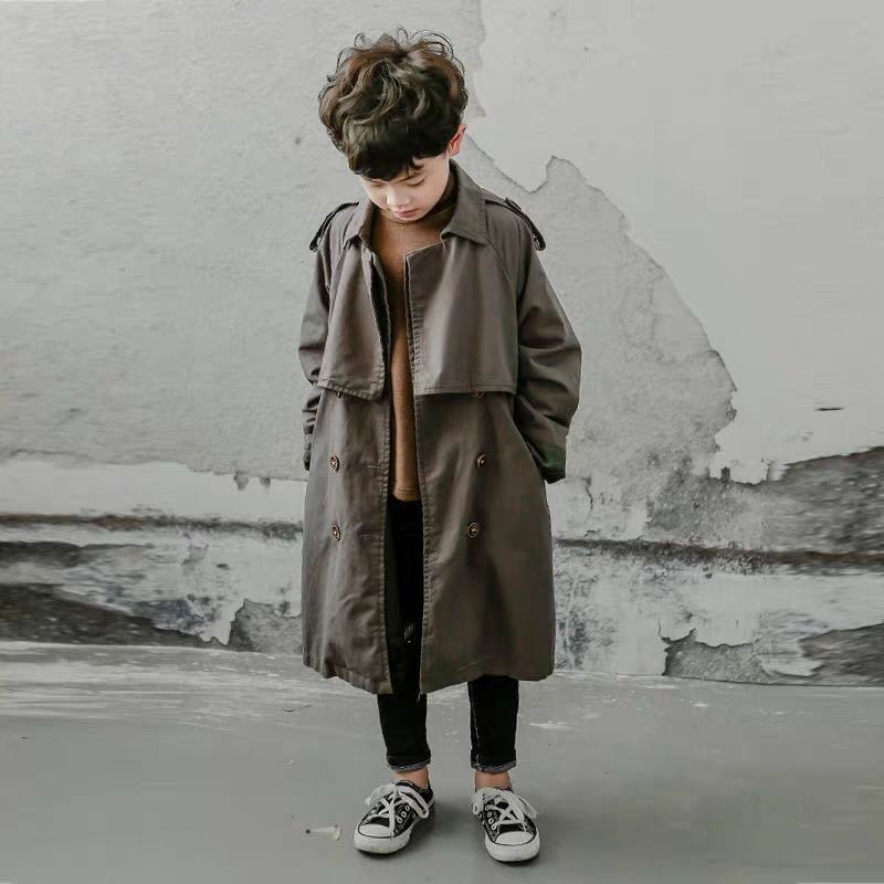 Boy Trench Coat High Quality Long Coat Teenagers Outerwear Spring Fall 100-140cm Turn-down Collar Casual Handsome Cotton Clothes LJ200831