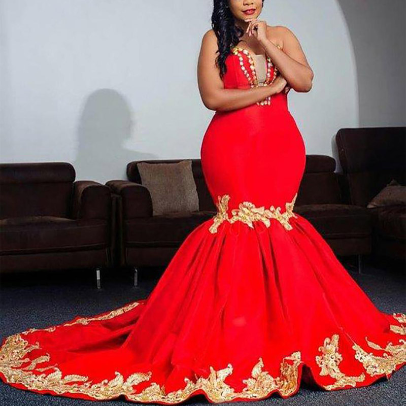 Sexy Plus Size Red Evening Dresses Mermaid Satin with Gold Lace Applique Cutom Made Prom Dress Party Gowns