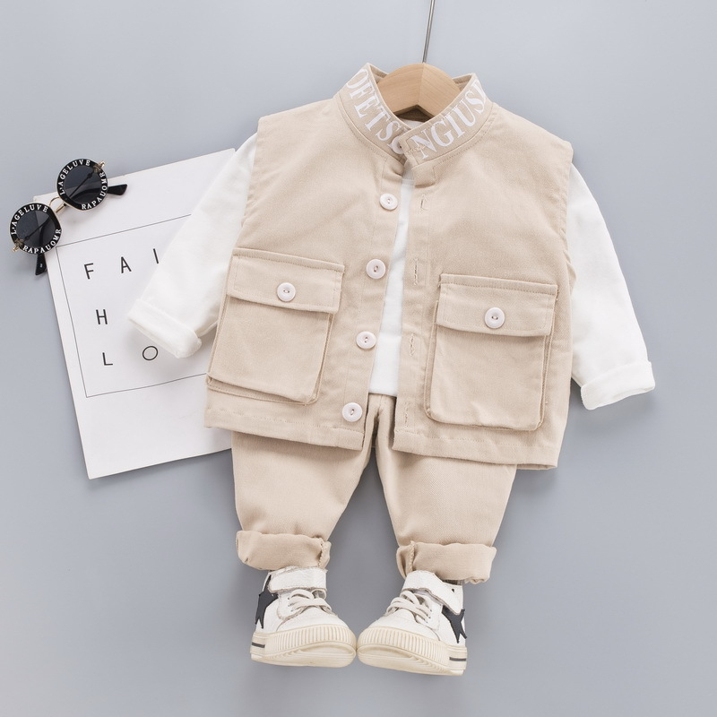 2020 Autumn Children Suit Handsome Baby Clothes Set Fashion Tooling Vest Long Sleeve Sweater Pants Three-Piece Suit Kid ClothingX1019