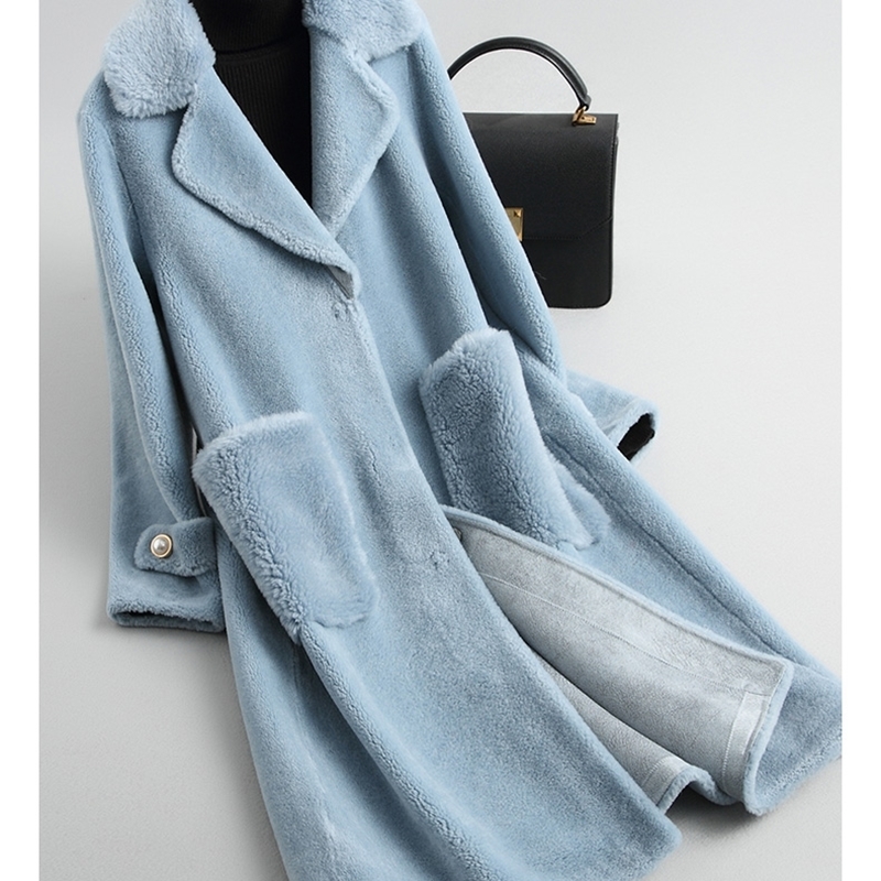 New Women Winter Real Fur Overcoat Sheep Shearing Lady Casual Warm natural Sheep Lamb Wool Fur Coat long big size F1133 201112