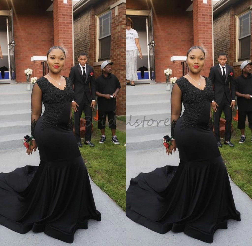 Fitted Black Mermaid Evening Dresses Plus Size Satin Long Sleeve Prom Dresses With Lace Vintage African Women Formal Pageant Dress 2021