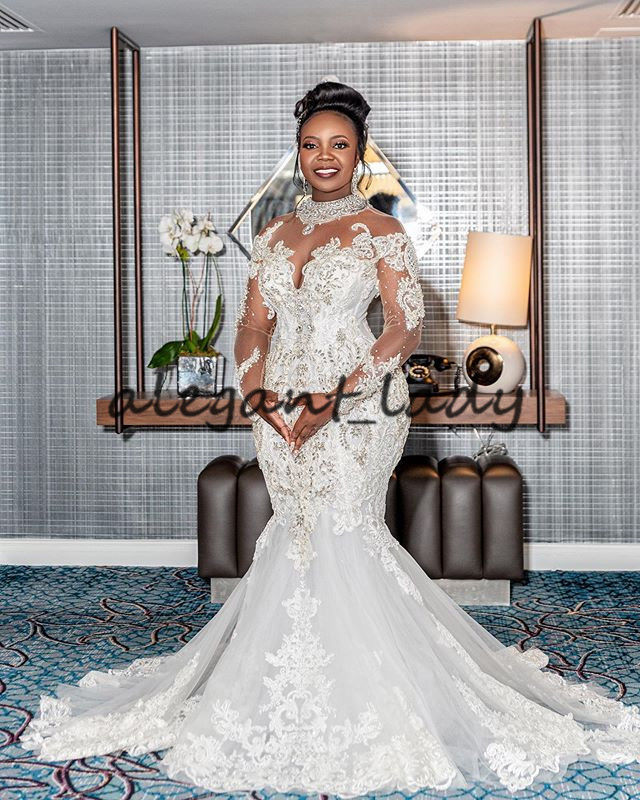 Plus Size Mermaid Wedding Dresses abiti da sposa sirena 2021 Sparkly Crystal Lace Aftican Nigerian Long Sleeve Wedding Gown